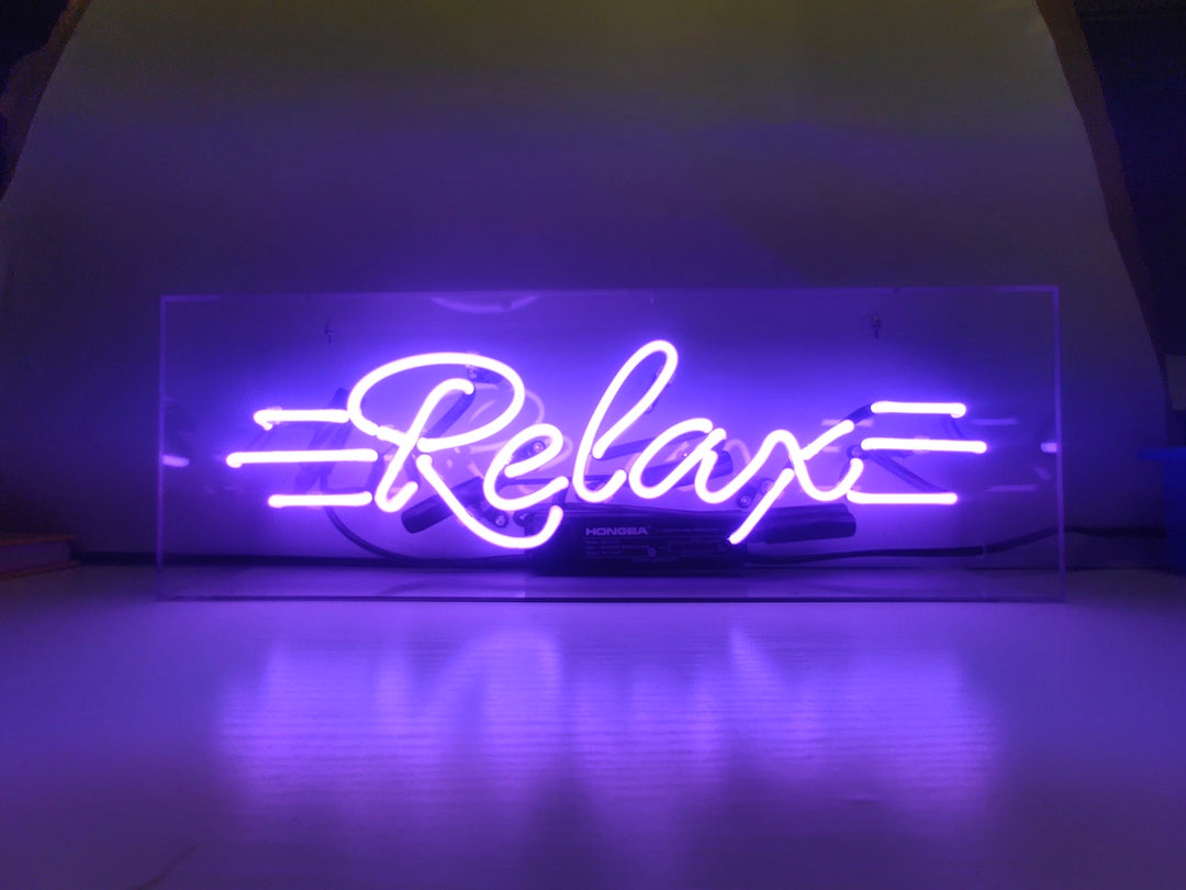 "Relax" Acrylbox Neonschrift, Glas Neonschrift, Tisch Neonschrift