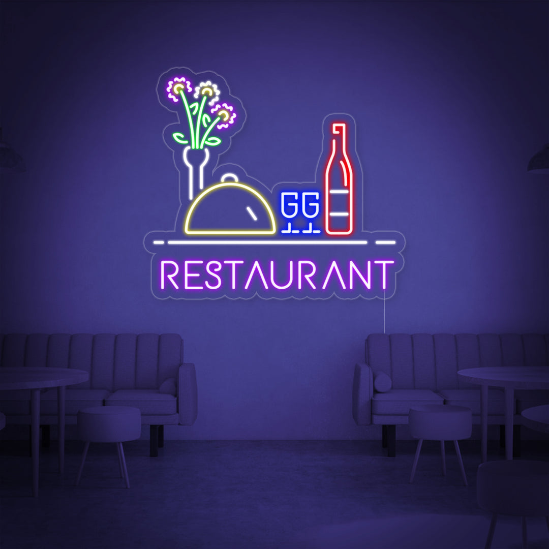 "Restaurant, Wein, Essen" Neonschrift