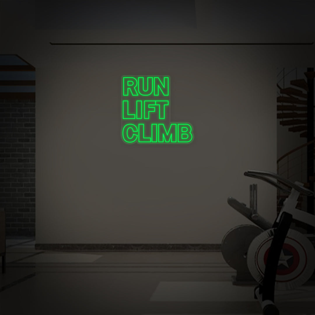 "Run Lift Climb Fitnessstudio" Neonschrift