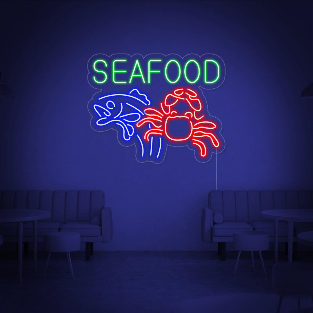 "Seafood, Krabbe, Fisch" Neonschrift