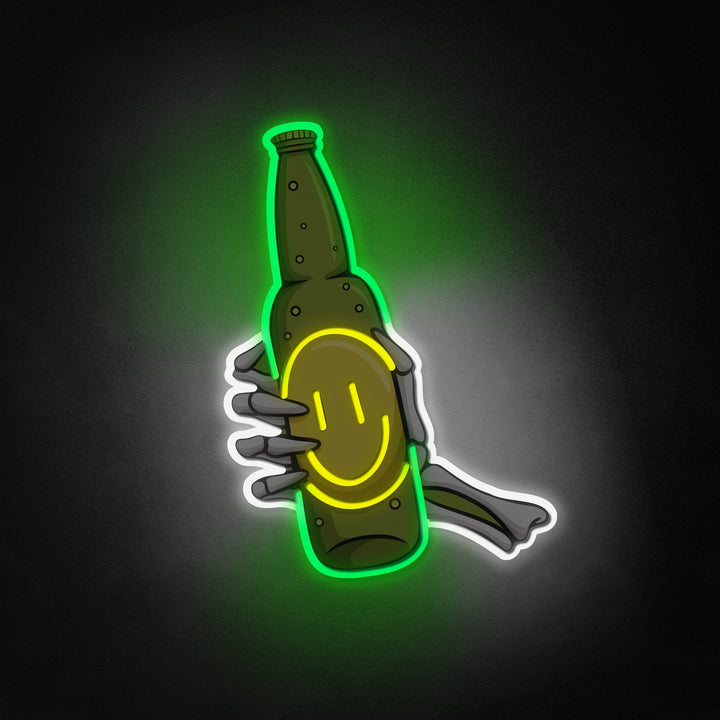 "Schädelhand, Bierflasche" Neon Like