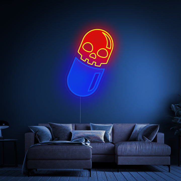"Schädel Pille UV-Druck" Neonschrift