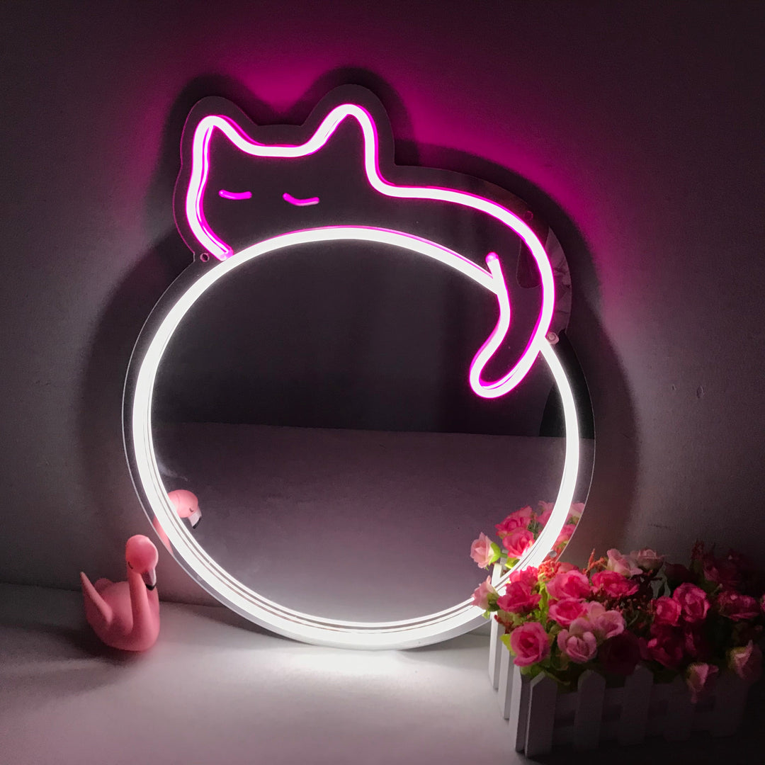 "Schläfrige Katze, Cartoon, Traumhafte Farbänderung" Spiegel Neonschrift