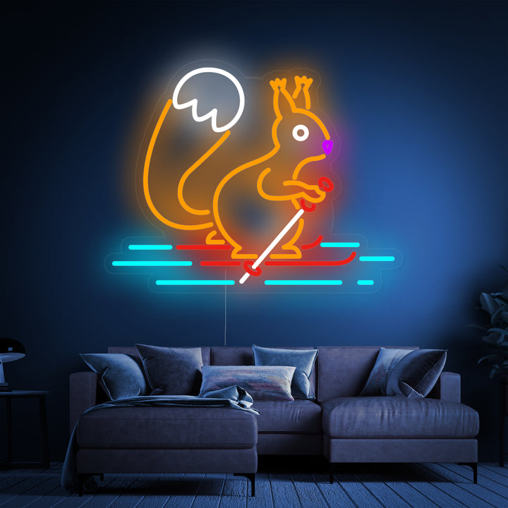 "Eichhörnchen Skifahren" Neonschrift, Skifahren Leuchtreklame