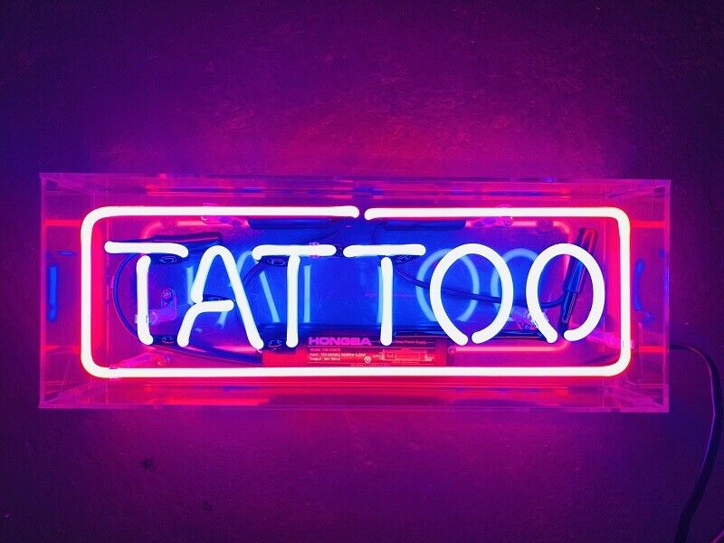 "Tattoo" Acrylbox Neonschrift, Glas Neonschrift, Tisch Neonschrift