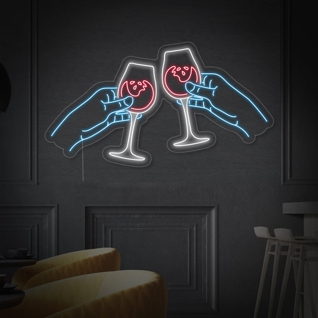 "Zwei Hände Klimpernde Weingläser Bar" Neonschrift