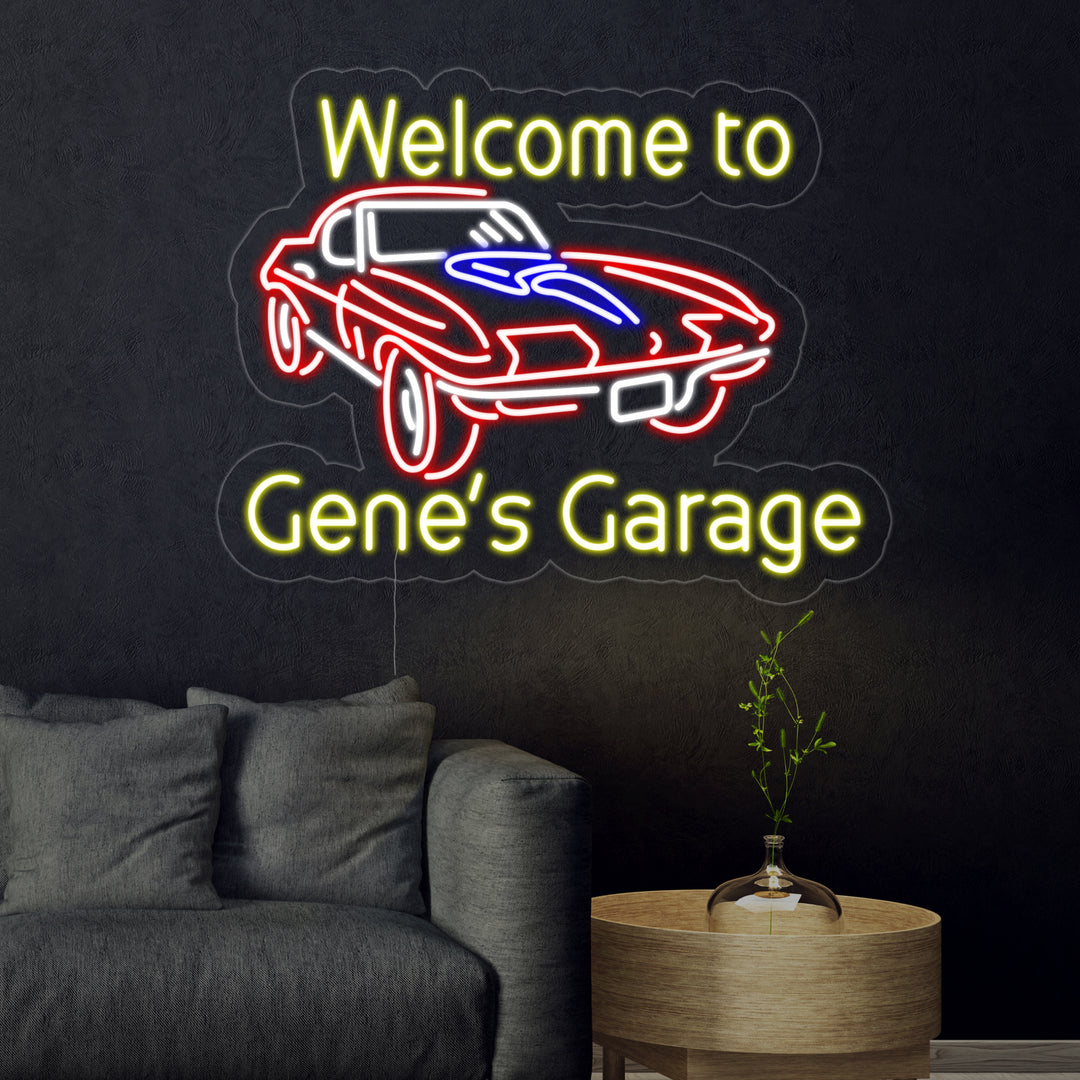 "Welcome to Genes Garage" Neonschrift