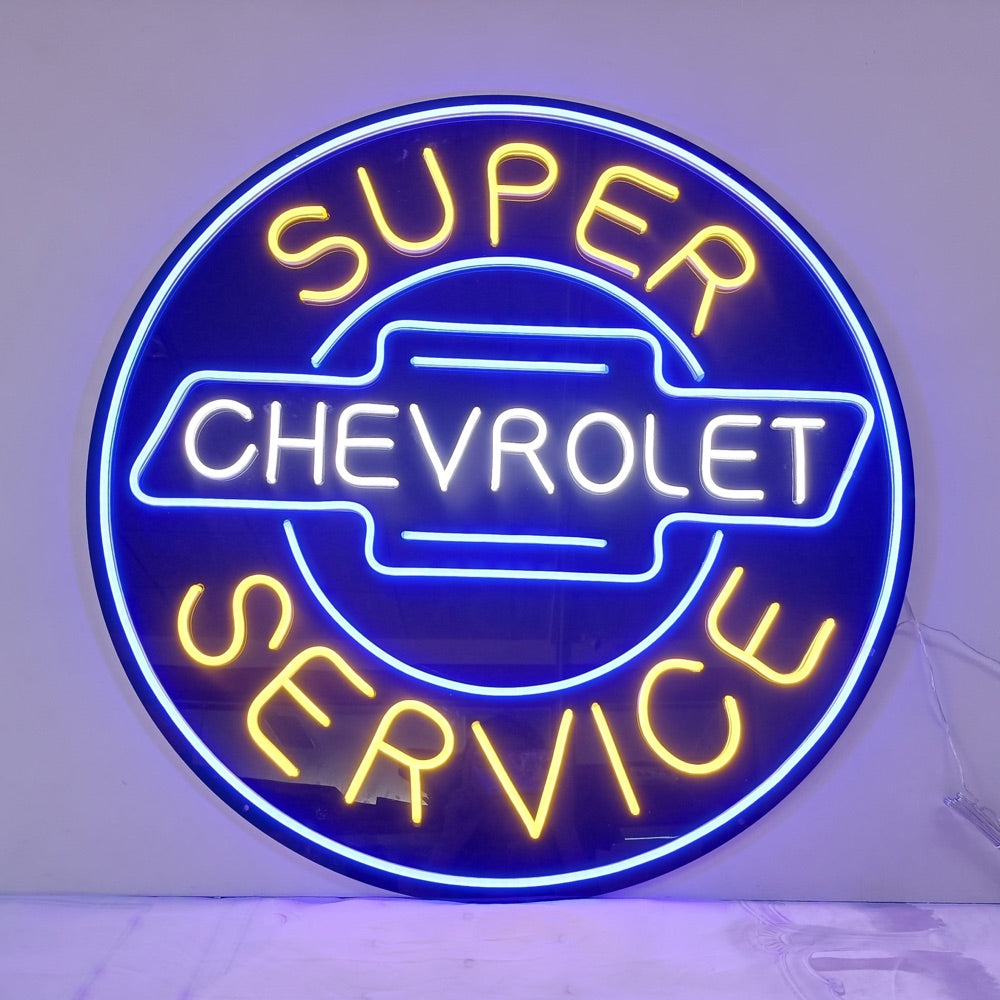 Fertiges Chevrolet Logo-Neonschild in Blau und Gelb