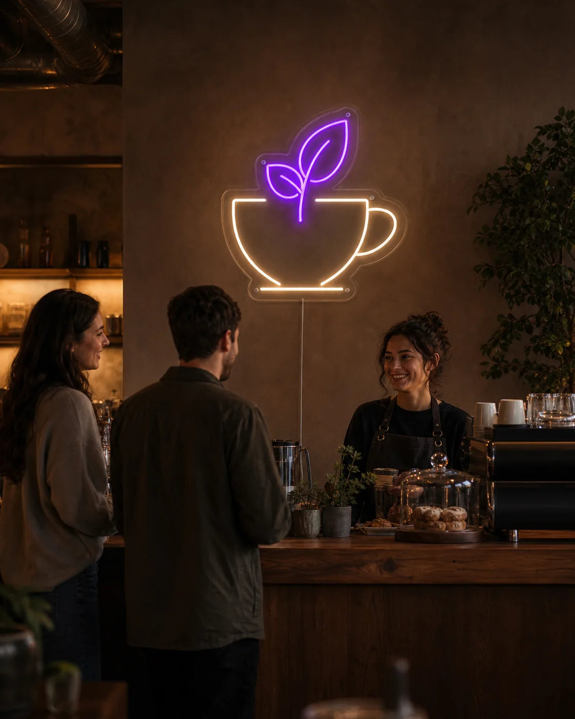 Boutique-Café mit einem individuellen Neonmotiv aus Kaffeetasse und Blatt