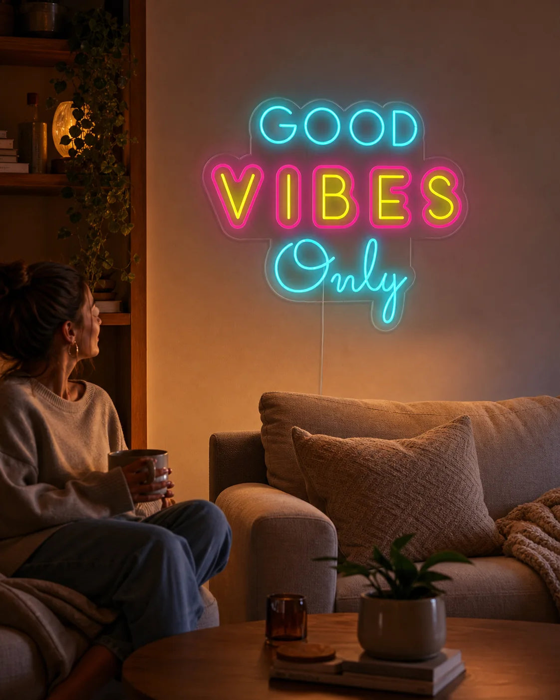 Ein wohnliches Wohnzimmer mit einem Good Vibes Only Neonschild